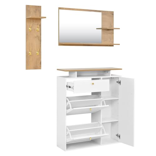 Set di 3 appendiabiti, con illuminazione a LED, specchi, cappelli e scarpiera, con 4 ganci, naturale/bianco, 105 x 25 x 151,5 cm, per corridoio, ingresso