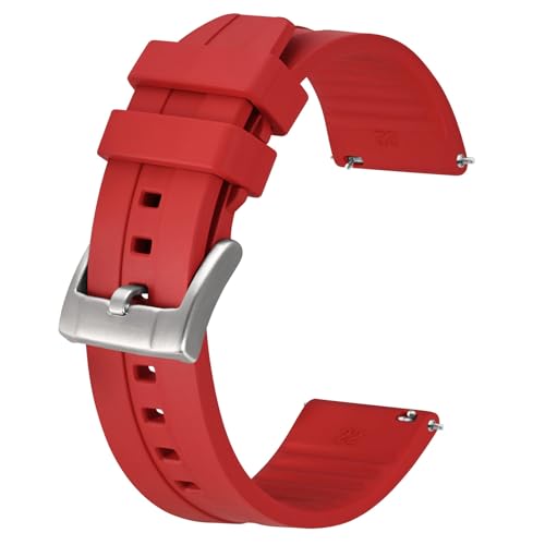 BISONSTRAP Classic Watch Bands 20mm, Fluororubber (FKM) Rubber, Watch Replacement Straps for Men and Women, Heavy Duty Clasp, Red (Silver Buckle)