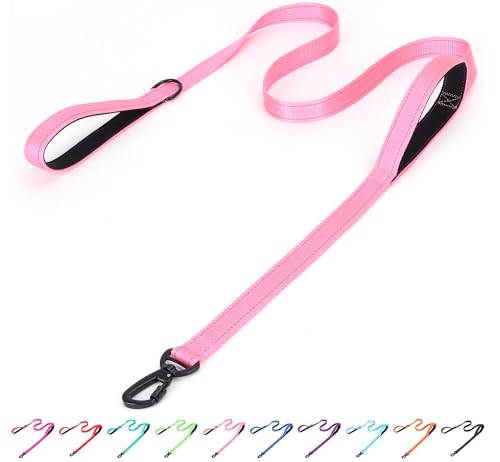 haoyueer Reflective Nylon Dog Leash - Heavy Duty Padded Two Handle Reflective Leash for Night Safety Training - Ideal for Small Medium Large Breed Pet Dogs (Pink, 6FT×1'')