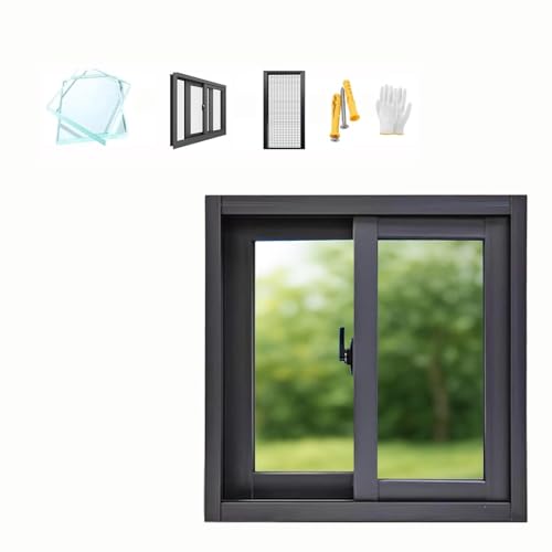 アルミサッシ窓 枠付き 網戸付き 埋め込み式 引違い窓 地下室用スライド窓 換気 断熱 防寒 保温 水平スライド式小屋窓 幅 40 45 50 53 60 65 70 75 80 100cm アルミ製家庭用窓 納屋、鶏小屋、ツリーハウス(黒い,88x55c
