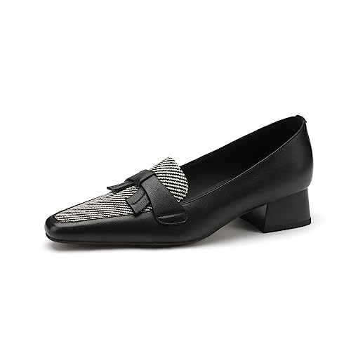 Image of TinaCus Women's Round Toe Genuine Leather & Stripe Fabric Handmade Bowknot Low Chunky Heels Loafers Shoes