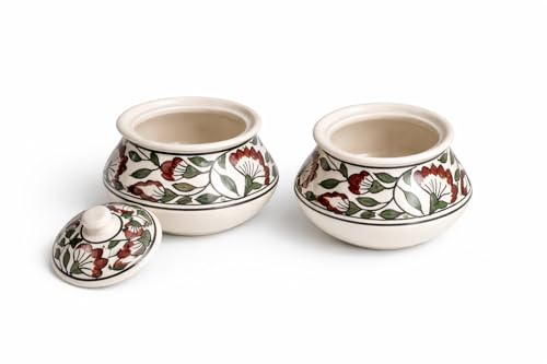 KALAKRITI 500 ml Hand-Painted Dark Brown Floral Ceramic Handi with Lid | Small Biryani Handi | Curd Setter & Dahi Handi | Curry, Dal & Rice Serving Bowl | Premium Dining Tableware (Pack of 2)