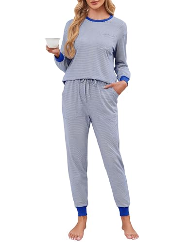 Namatime Schlafanzug Damen Lang Baumwolle Pyjama Set Zweiteiliger Nachtwäsche Weich Streifen Sleepwear Blau XXL