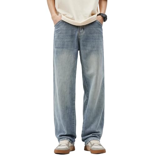Men's Lightweight Jeans Baggy Wide Leg Casual Loose Streetwear Denim Long Summer Trousers with Pockets
