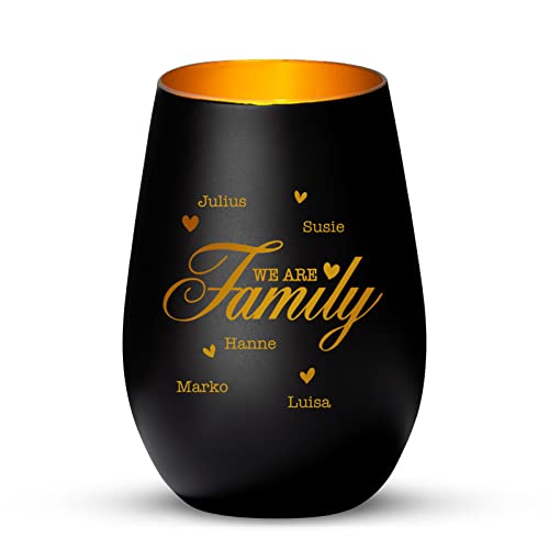 Love Faith We Are Family Windlicht Schwarz/Gold - Personalisiertes Windlicht für Teelichter mit Namen-Gravur - Geschenk für Eltern & Großeltern Cover
