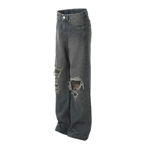 Jeans Pants Trouser Denim Street Trendy Water Washed Blue Wear and Tear Hole Casual Straight for Men3