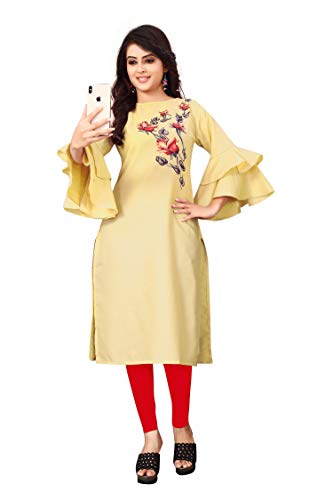 Image of OM SAI LATEST CREATION Slub-Rayon 3 /4 Sleeve Printed A-Line Kurti for Women
