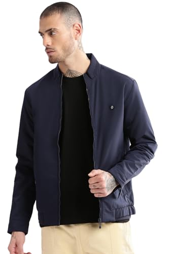Image of SHOWOFFFF Men Solid Bomber Jacket | Mock Collar Full Sleeves Nylon Jacket for Mens | Slim Fit Jacket for Men's