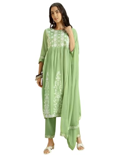 Image of Kaari Women's Chikankari Kurta Set with Dupatta -Fit & Flare Fit | Chiffon Dupatta with Embroidered Band | Straight Pant with Side Pocket | Kurta Set For Women
