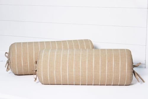 Image of AURAVE Woven Cotton Bolster Cover with Drawstring Closure, Set of 2, Soft Breathable Durable Machine Washable for Sofa Bed & Home Decor, 15 inchx30 inch, Beige | Cover Only