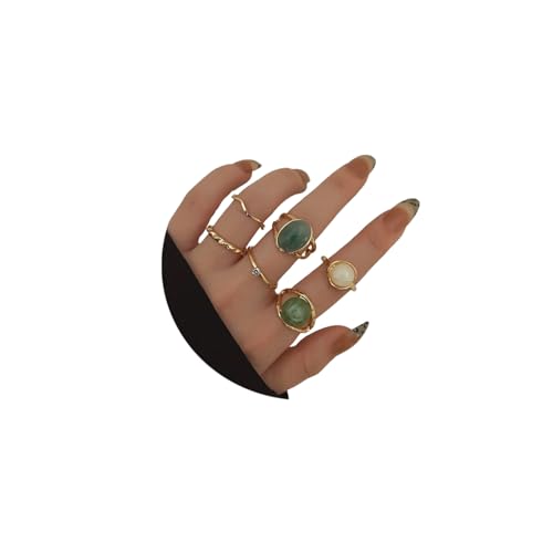 Rrdaily Boho Knuckle Ring Sets for Women,Gold Green Gem Stackable Ring Vintage Green Knuckle Gems Rings Good Luck Midi Finger Rin Aesthetic Statement Thumb Ring Set Jewelry