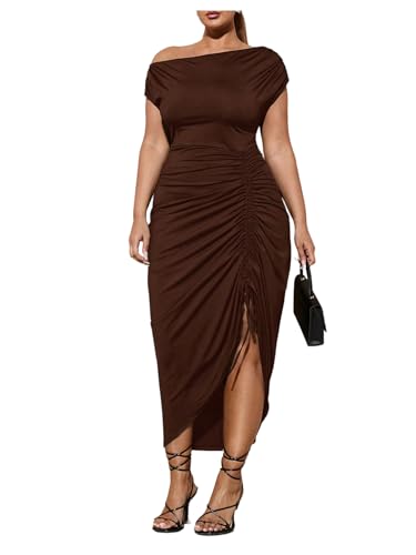 Floerns Women's Plus Size Off The Shoulder Sexy Midi Dress Drawstring Ruched Slit Party Bodycon Cocktail Dresses