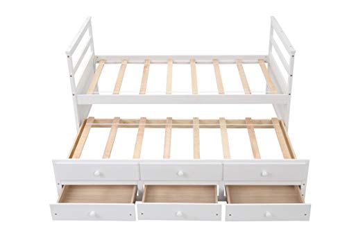 Twin Bed with Trundle and 3 Storage Drawers, Captain Bed Frame with Headboard and Footboard, Wood Daybed Bed with Pull Out Bed for Kids Teens and Adults, Wood Slat Support No Box Spring Needed, White