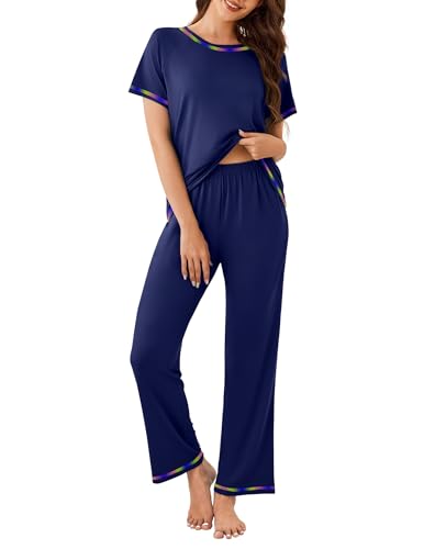 Ekouaer Women's Pajama Sets Short Sleeve Pj Sets with Long Pants 2 Piece Lounge Sets Soft Summer Sleepwear Navy Blue, Large
