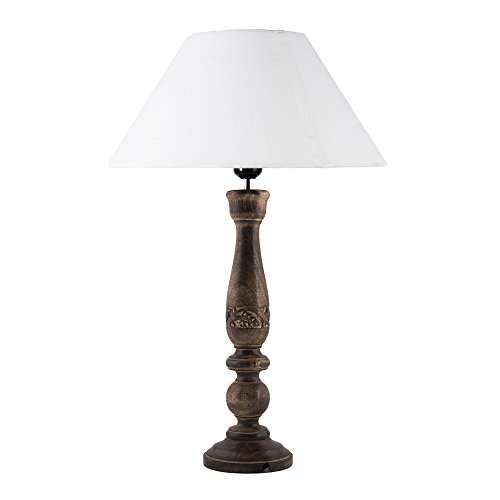 Image of Homesake Handcrafted Wooden Table Lamp for Bedroom & Living Room | Decorative Bedside Reading Lamp with Fabric Shade, E27 Holder | Bulb Included | Black Floral Carved Base for Home Decor, White Cone