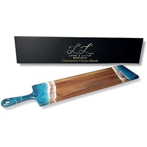 Lynn & Liana Baguette Acacia Cheese Board | Wood Resin Cutting Board | Luxury Charcuterie Board for Serving | Handmade Cutting Board | 5 In x 24 In - Ocean Vibes Cover