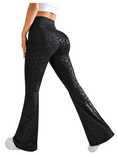WDIRARA Women's Leopard Print Flare Yoga Pants Athletic Workout Elastic Waist Bell Bottoms Pants with Pocket