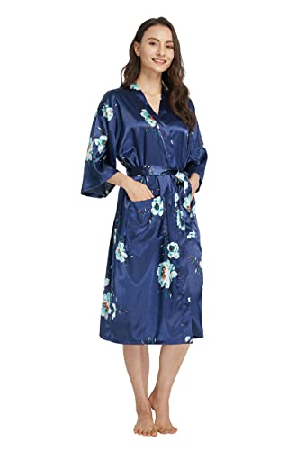 Westkun Kimono Japones Mujer Albornoz Vestido de Satén Novia Suave Cómodo Sedoso y Agradable Pijamas Largo Sexy Elegante de Seda Bata Camisón Robe Lencería Cardigan(Flores Marinas,S)