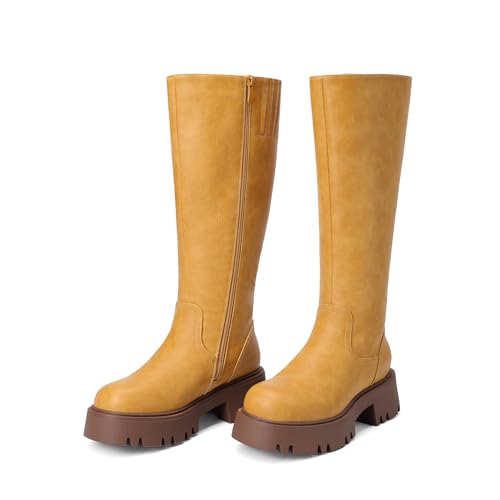 Image of DREAM PAIRS Knee High Boots, Comfortable Chunky Platform Round-Toe Side Zip Boots for Women