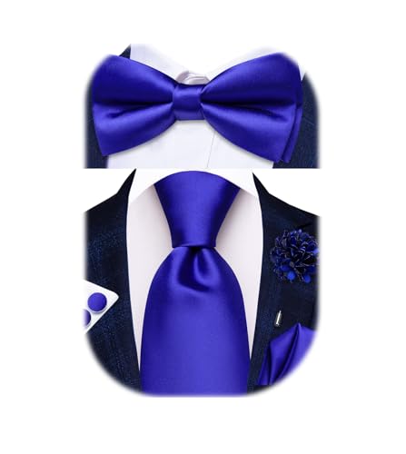 Image of Hi-Tie 5Pcs Mens Solid Color Silk Tie Satin Pretied Bowtie Lapel Pin for Men Handkerchief Cufflink Wedding Gift Box
