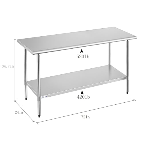 Image of ROCKPOINT Stainless Steel Table for Prep & Work 24x72 Inches, NSF Metal Commercial Kitchen Heavy Duty Table with Adjustable Under Shelf and Table Foot for Restaurant, Home and Hotel