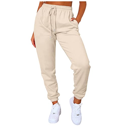 OYZ Pantalones deportivos de fitness de talla grande con cordón para mujer, pantalones deportivos sueltos para entrenamiento, gimnasio, correr, con bolsillos, 2021, Color liso beige, XL