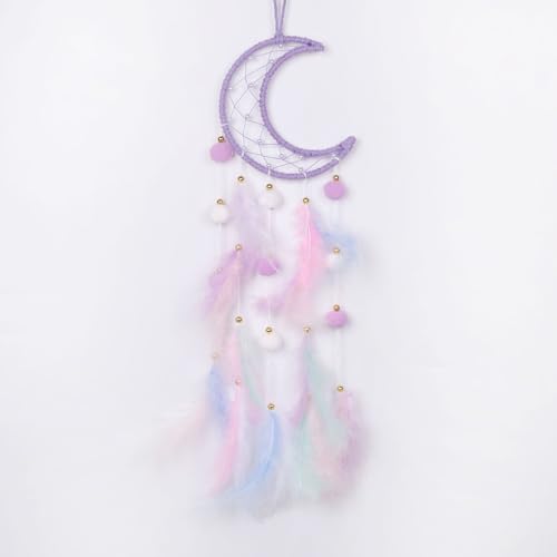 Pretty Jolly Purple Moon Kids Dream Catcher Wall Decor Pompom Feather...