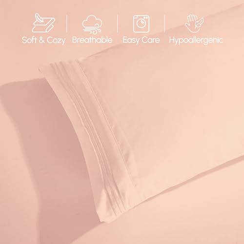 Image of Elegant Comfort Luxurious 1500 Premium Hotel Quality Microfiber Three Line Embroidered Softest 4-Piece Bed Sheet Set, Wrinkle and Fade Resistant, Queen, Blush Pink