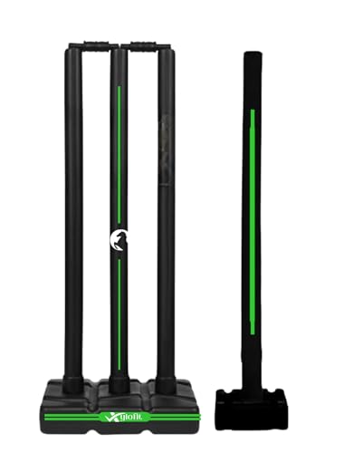 Image of Heavy Cricket Stumps | Wickets Set with 4 Stumps + 2 Bails + 2 Stands | Full Size Plastic Wickets for Cricket Ground, Tournament Wicket. (Black-Green)