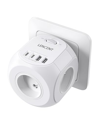 LENCENT Multiprise Murale Cube Interrupteur 4 Prises & 2 Type C & 2 USB A Prise Chargeur 8 en 1, Adaptateur Secteur 4000W, Convient pour la Maison, Bureau,...