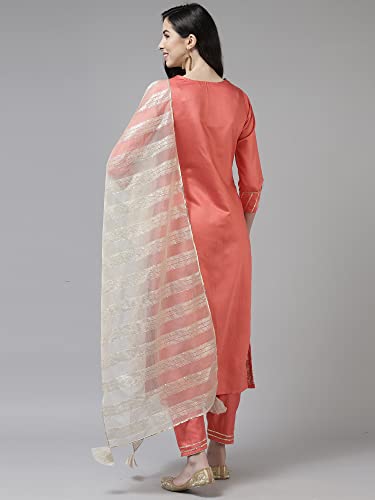 Image of INDO ERA Women's Embroidered Viscose Straight Kurta with Pant & Dupatta Set (Pink KH9PK9216 X-Large)