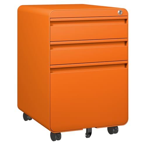 Dripex Metall Rollcontainer Stahl Rollcontainer mit 3 Schubladen oder 2 Schubladen, Abschließbarer Büroschrank, Bürocontainer mit 5 Räder (Orange(gesamt), 40 x 45 x 60 cm)