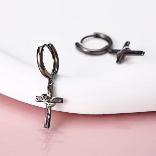 Black Cross Earrings Sterling Silver Cross with Thorn Dangle Earrings for Men Cross Jewelry for Men4