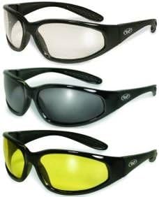GV 3 PAIRS HERCULES Sunglasses Clear Smoked Yellow Tinted Lens Safety Glasses Hunting Shooting Airsoft