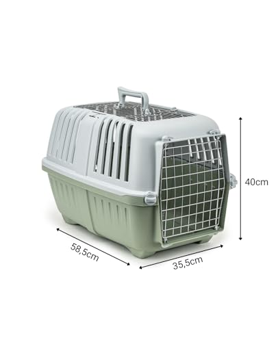 lionto Hundetransportbox aus Kunststoff mit Metallgitter, 58,5x35,5x40 cm, Transportbox mit praktischem Schließsystem & Tragegriff, auch geeignet für Katzen & Kleintiere, für Haustiere bis 15kg, grün