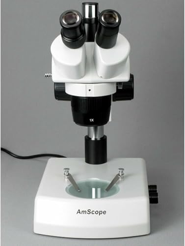Image of AmScope SW-2T13Y Trinocular Stereo Microscope, WH10x Eyepieces, 10X /15X /30X /45X Magnification, 1X /3X Objective, Upper and Lower Halogen Lighting, Pillar Stand, 110V-120V, Includes 1.5x Barlow Lens