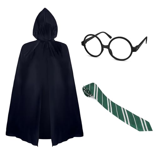 Oerphh Set de disfraz de mago de 3 piezas, disfraz elegante de mago que incluye capa con capucha, gafas, corbata, para Halloween, Día del Libro Mundial, trajes de cosplay para niños y adultos (verde)