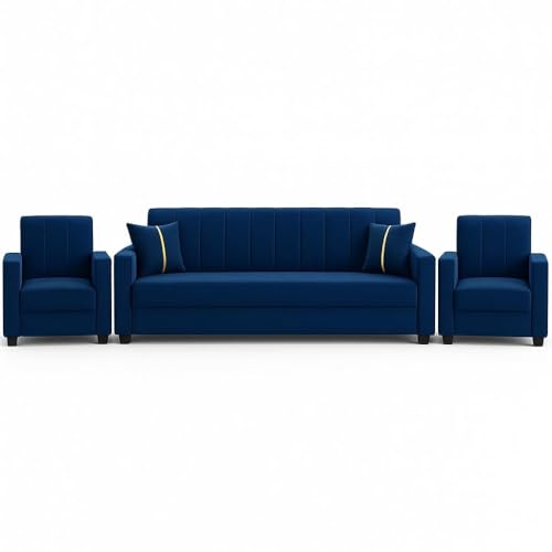 Image of FURNY Cosmos 5 Seater Fabric 3+1+1 Sofa Set (Dark Blue) Premium Velvet Finish | Durable Comfort | Ideal for Living Room, Office