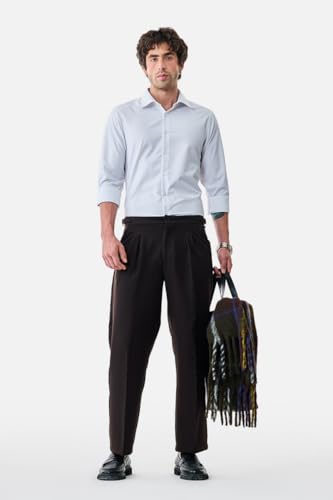 Image of SNITCH Men Casual Trousers | Relaxed Fit with Turned-Up Cuffs & Solid Pattern | Cotton Blend Fabric with Medium Stretch for Summer & Everyday Wear