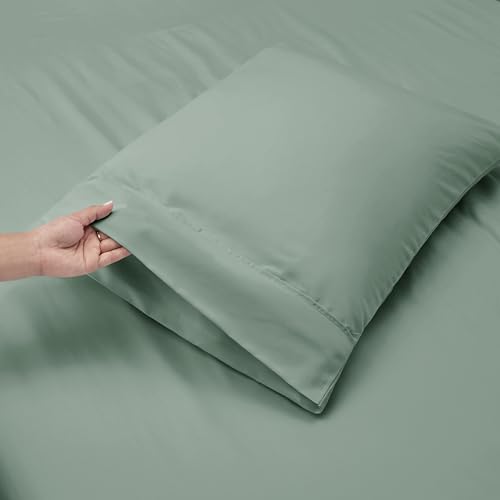 Image of Nestl King Size Sheet Set, 4 Piece Extra Deep Pocket (18-24 inches), Microfiber, Hotel Luxury, Soft, Breathable, Wrinkle-Free, Easy to Care, Sage Green New