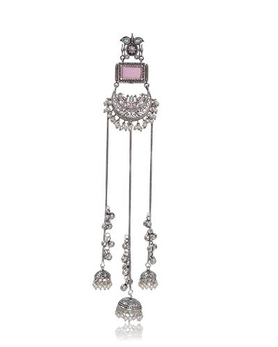 Image of Kashmiri Earrings for Women |Square Stone Fan Chain Earring | Ethnic Oxidised Silver Long Chain for Girls Bridal Festive |Gift for Girls Women