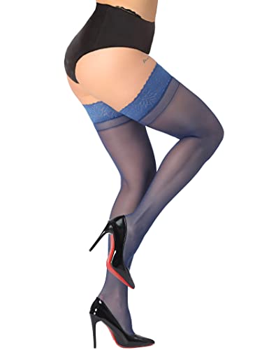 Image of DancMolly Silky Thigh High Stockings, with 17+ Colors Sheer Silicone Lace Top Pantyhose for Women