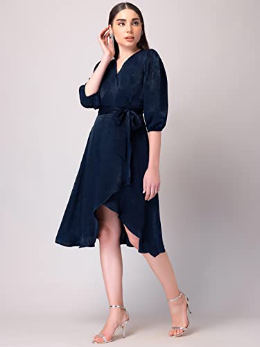 Image of FabAlley Women's Navy Satin Wrap Midi Dress with Self Fabric Belt