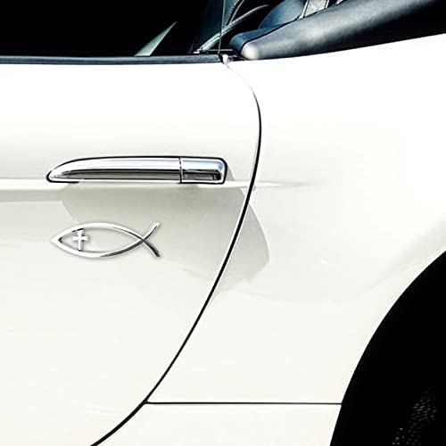 Image of Jesus Fish Christian Car Decals - Chrome Sliver Fish Emblem for Car Truck Badge Bumper Stickers (Cross)