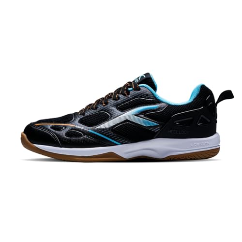 Hundred Men Raze Pro Badminton Shoes (Non Marking) | Also Indoor Sports | Lightweight, Breathable & Durable | X-Cushion | Active Grip Sole | Extended Heel Lock (Black/White/Blue ; UK 9)