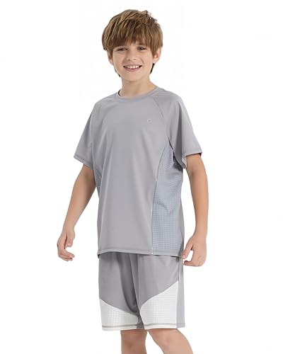 PATPAT Kids Quick-Dry T-Shirt & Shorts Set, 2-Piece Instant-Cooling UPF 100+ Activewear Outfit for Boys Girls, Breathable Athletic Sportswear, Vapor Gray, Size US8/S