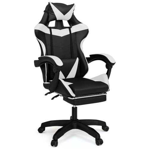 IDMarket - Fauteuil de Gaming Alex réglable avec Repose-Pied, Coussin de tête et Coussin Lombaire Noir et Blanc