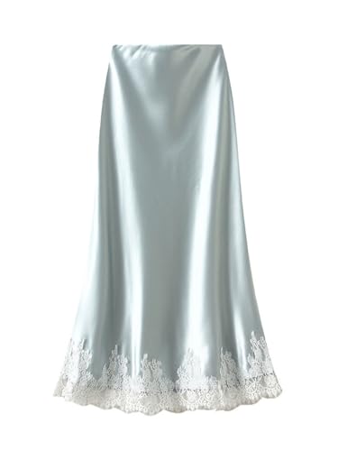 Sywiyi Women's Satin Skirt High Waist Silk Solid Color Plus Size Casual A-line Midi Lace Trim Fishtail Skirts