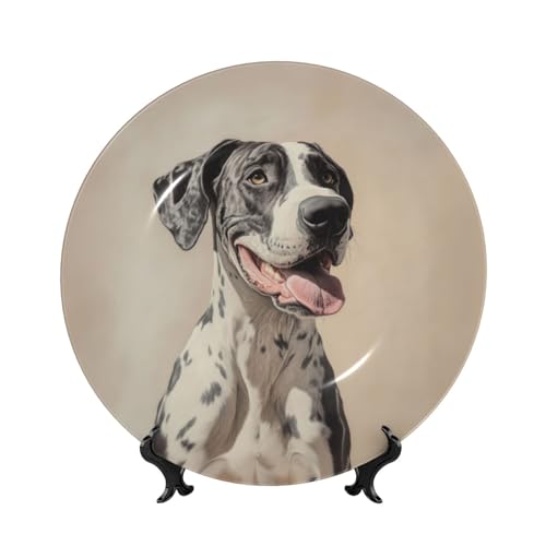 XTCOO Great Dane print Decorative Bone China Plate with Display Stand, Available in Sizes 6 to 10 Inches, Premium Ceramic Ornament for Home, Office, Kitchen Table, Wall Decor, 10in