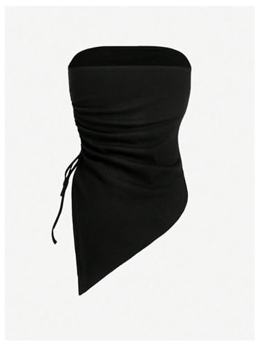 GORGLITTER Women's Y2k Goth Rhinestone Star Top Gothic Ruched Asymmetrical Strapless Bandeau Tops Concert Outfits2